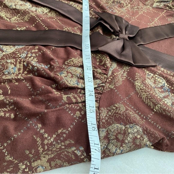Chaudry KC Pattern Brown Metallic Gold Mini Dress Short Sleeve V-neck Bow Small - Picture 14 of 15